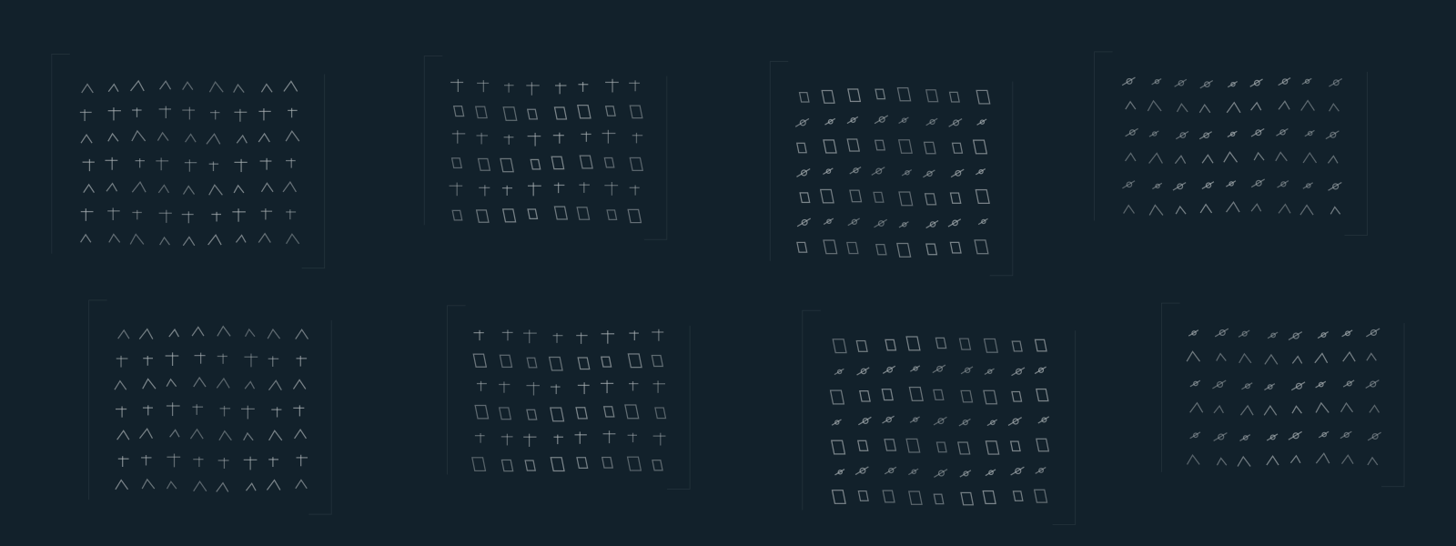 Distinct fields of pale printed marks acquire a repeated red symbol. Faint connecting threads reveal a common source, while two fields retain their own scripts.